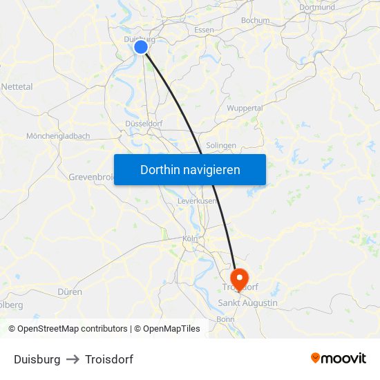 Duisburg to Troisdorf map