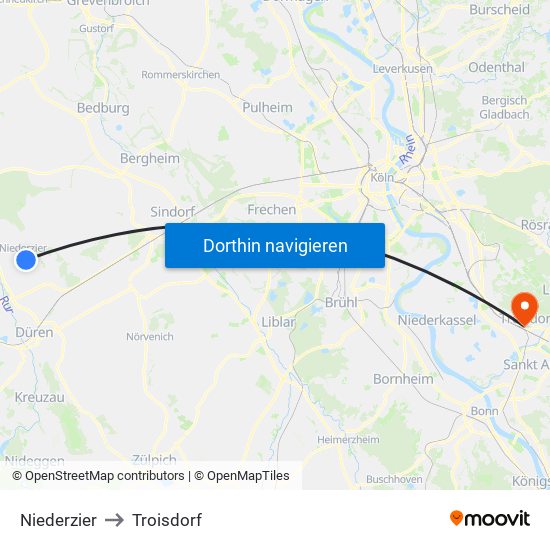 Niederzier to Troisdorf map