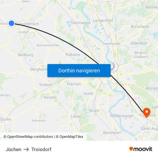 Jüchen to Troisdorf map