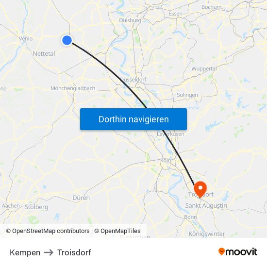 Kempen to Troisdorf map