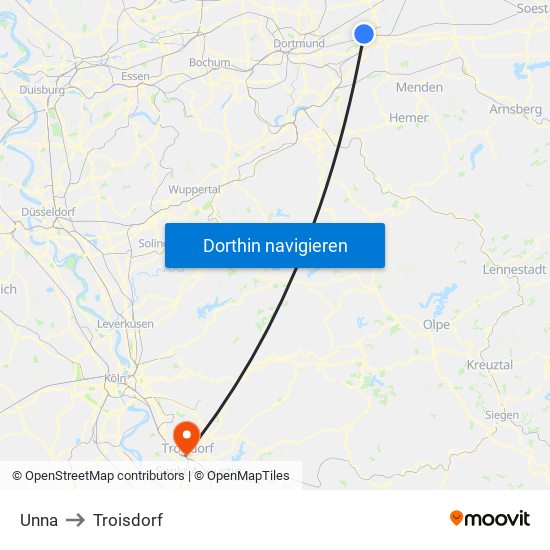 Unna to Troisdorf map