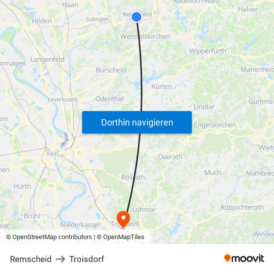 Remscheid to Troisdorf map