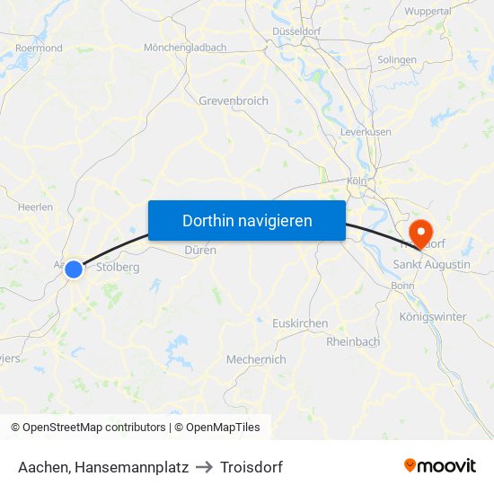 Aachen, Hansemannplatz to Troisdorf map