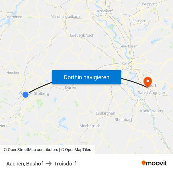 Aachen, Bushof to Troisdorf map