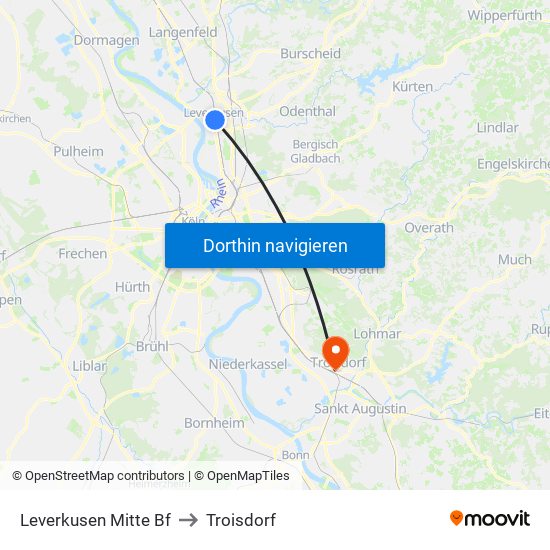 Leverkusen Mitte Bf to Troisdorf map