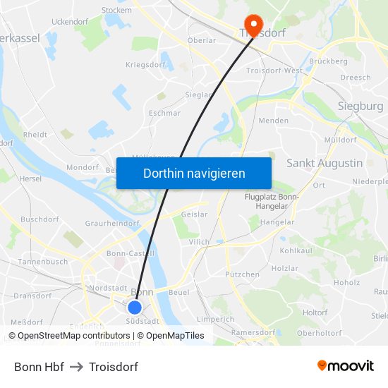 Bonn Hbf to Troisdorf map