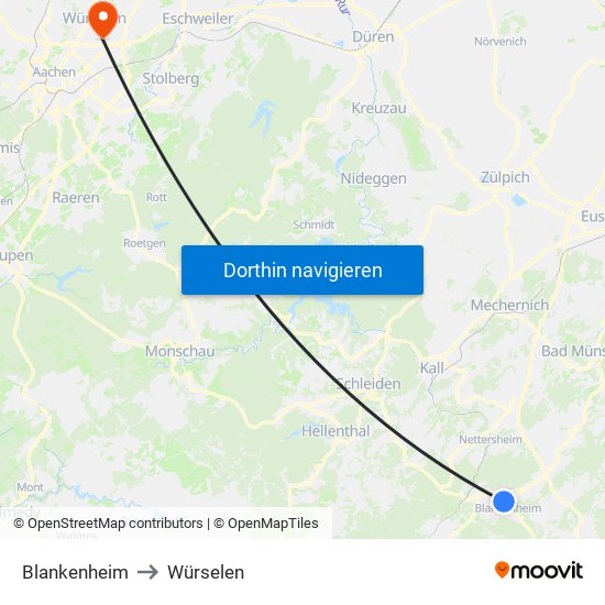 Blankenheim to Würselen map