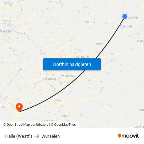 Halle (Westf.) to Würselen map