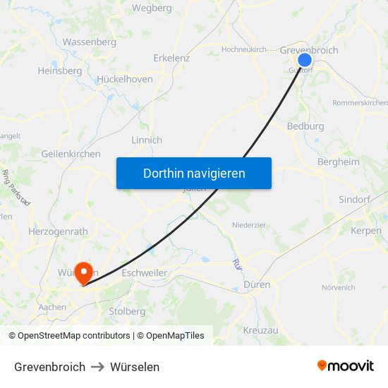 Grevenbroich to Würselen map