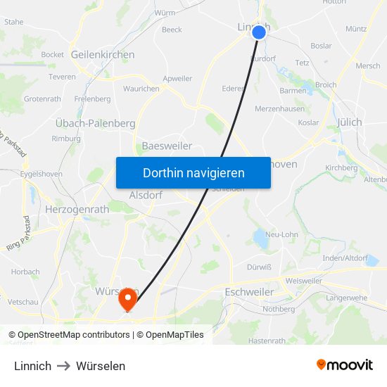 Linnich to Würselen map