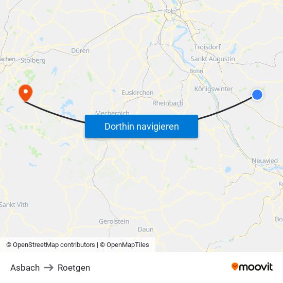 Asbach to Roetgen map