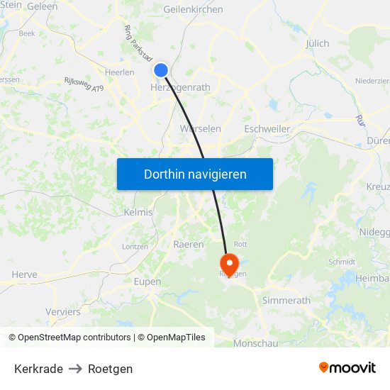 Kerkrade to Roetgen map