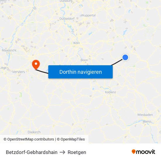 Betzdorf-Gebhardshain to Roetgen map