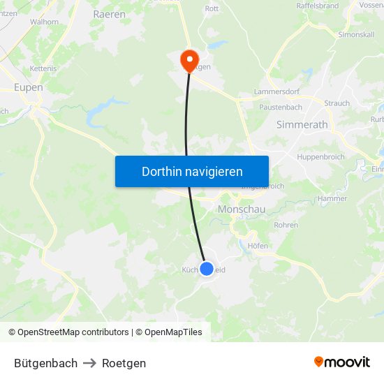 Bütgenbach to Roetgen map