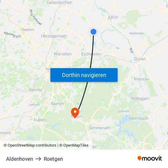 Aldenhoven to Roetgen map