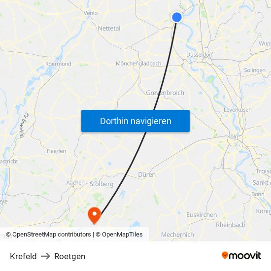 Krefeld to Roetgen map