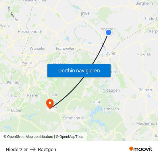 Niederzier to Roetgen map