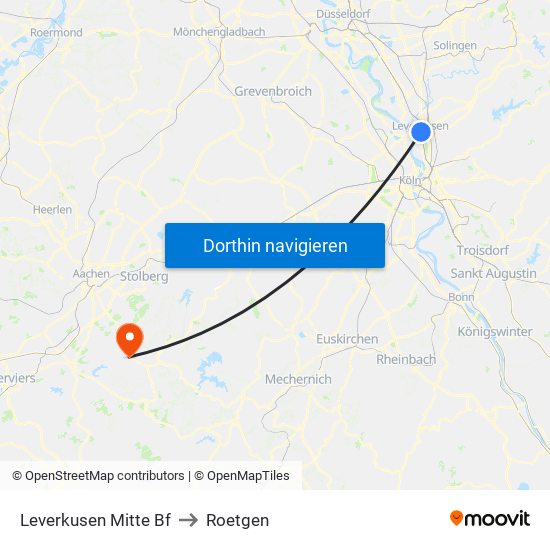 Leverkusen Mitte Bf to Roetgen map