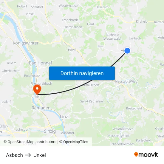 Asbach to Unkel map