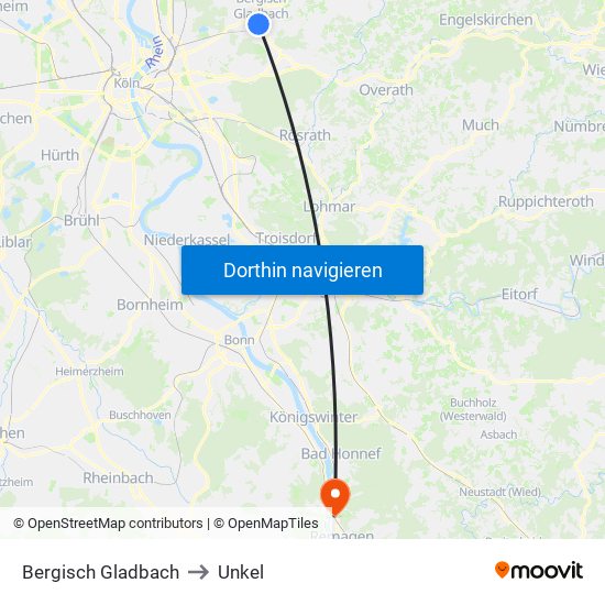 Bergisch Gladbach to Unkel map