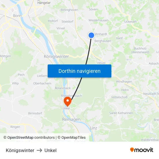 Königswinter to Unkel map