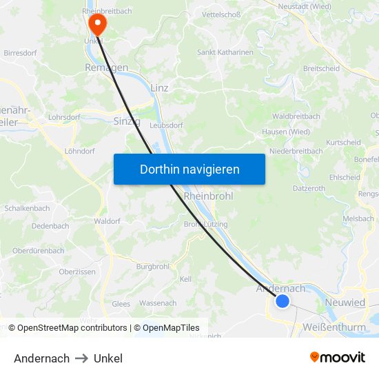 Andernach to Unkel map