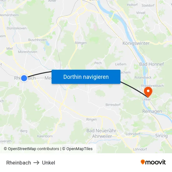 Rheinbach to Unkel map