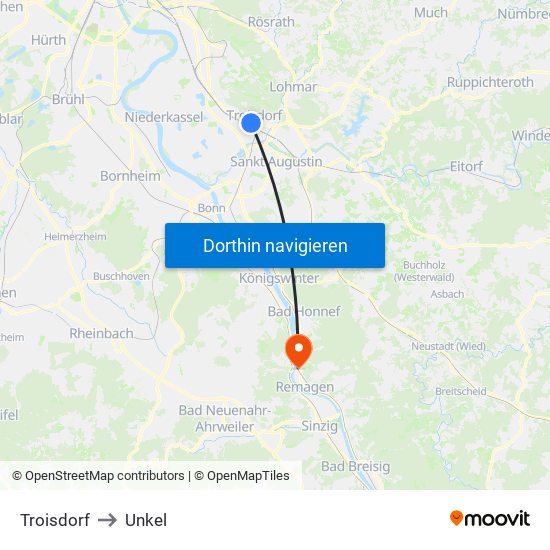 Troisdorf to Unkel map