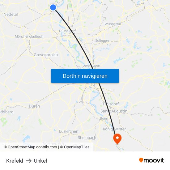 Krefeld to Unkel map