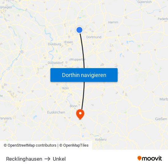 Recklinghausen to Unkel map