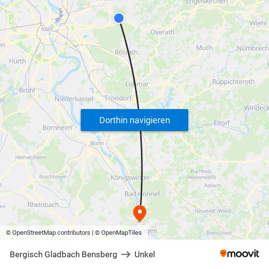 Bergisch Gladbach Bensberg to Unkel map
