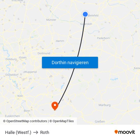 Halle (Westf.) to Roth map