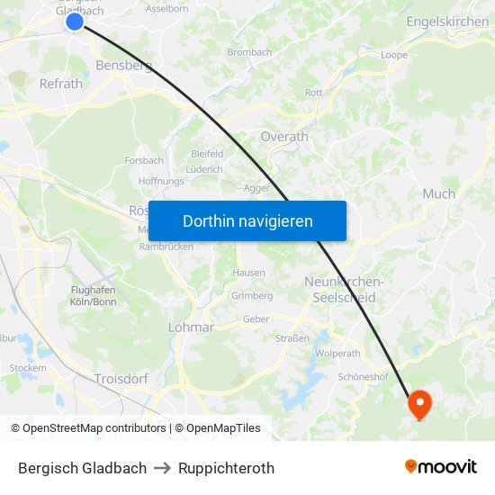 Bergisch Gladbach to Ruppichteroth map