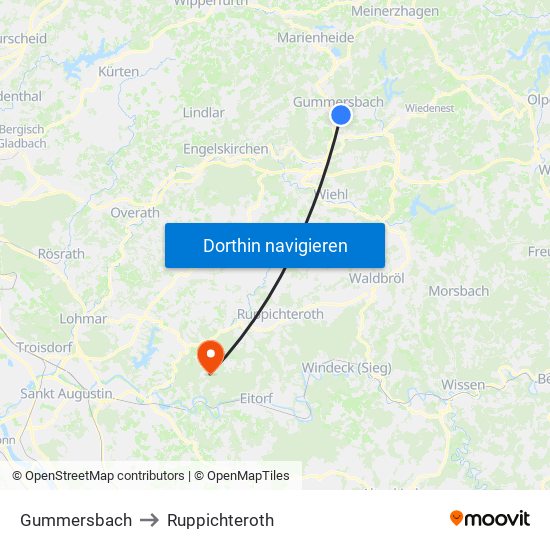 Gummersbach to Ruppichteroth map