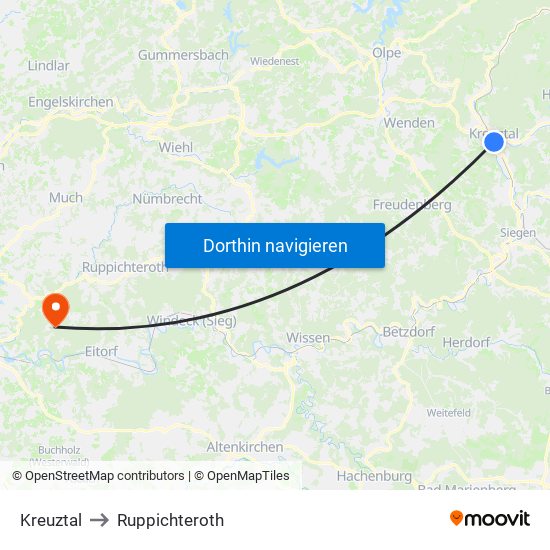 Kreuztal to Ruppichteroth map