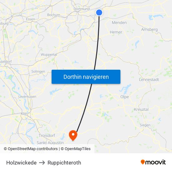 Holzwickede to Ruppichteroth map