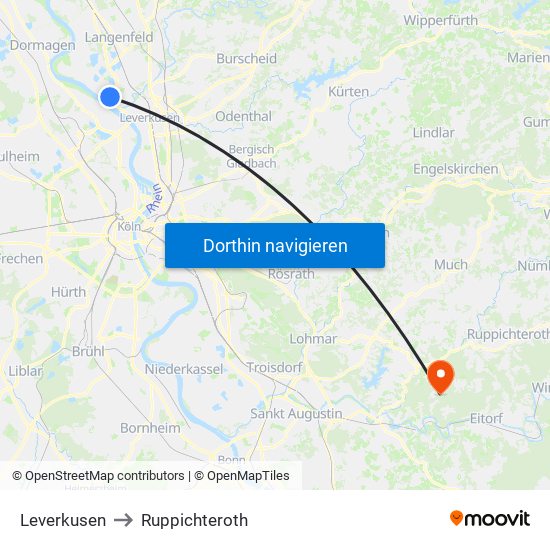 Leverkusen to Ruppichteroth map