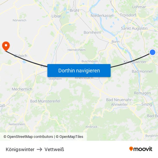 Königswinter to Vettweiß map