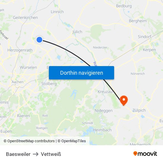 Baesweiler to Vettweiß map