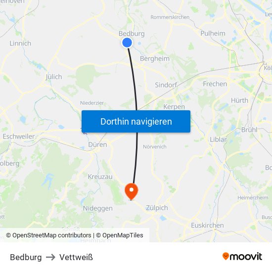 Bedburg to Vettweiß map