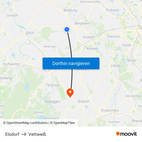 Elsdorf to Vettweiß map