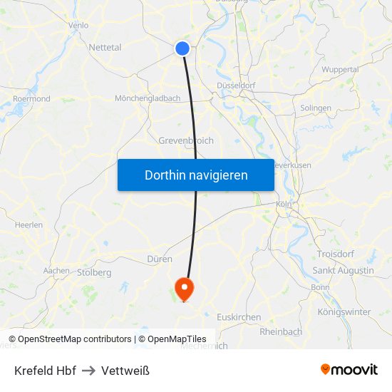 Krefeld Hbf to Vettweiß map