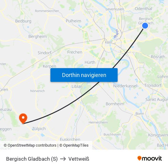 Bergisch Gladbach (S) to Vettweiß map