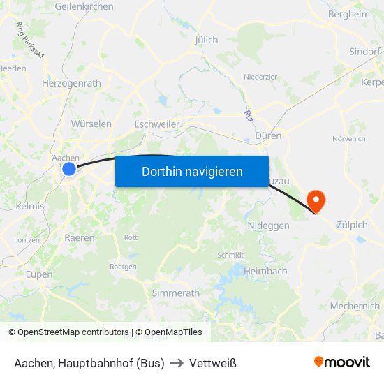 Aachen, Hauptbahnhof (Bus) to Vettweiß map