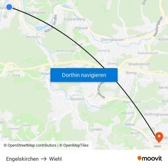 Engelskirchen to Wiehl map