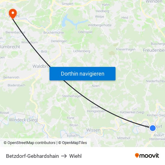 Betzdorf-Gebhardshain to Wiehl map