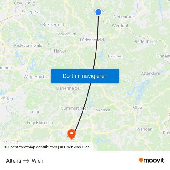 Altena to Wiehl map