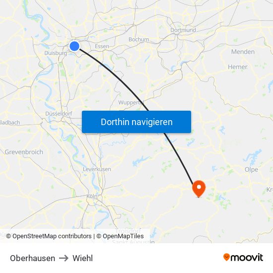 Oberhausen to Wiehl map