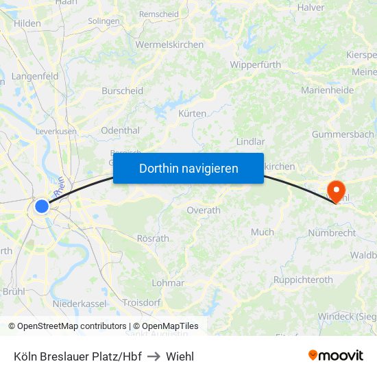 Köln Breslauer Platz/Hbf to Wiehl map
