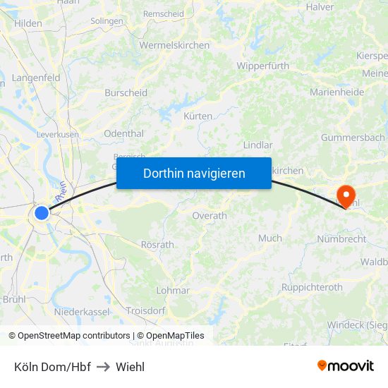 Köln Dom/Hbf to Wiehl map